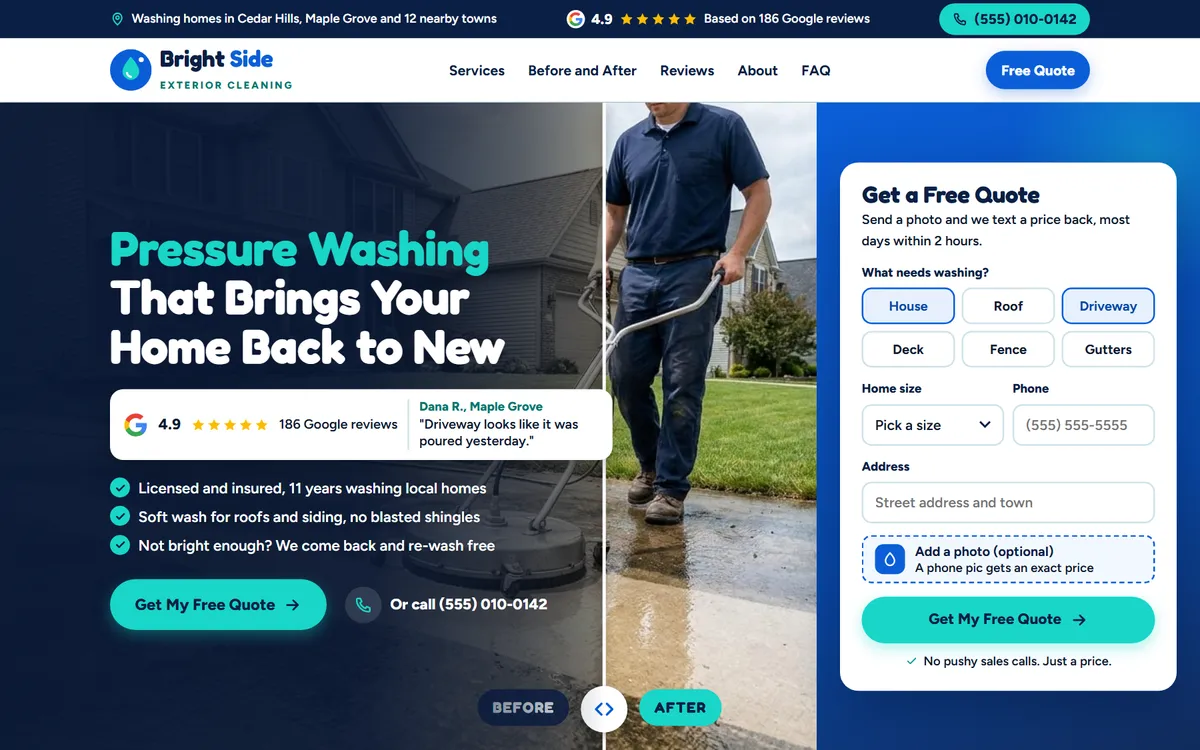 Bright Side Exterior Cleaning website design on a laptop
