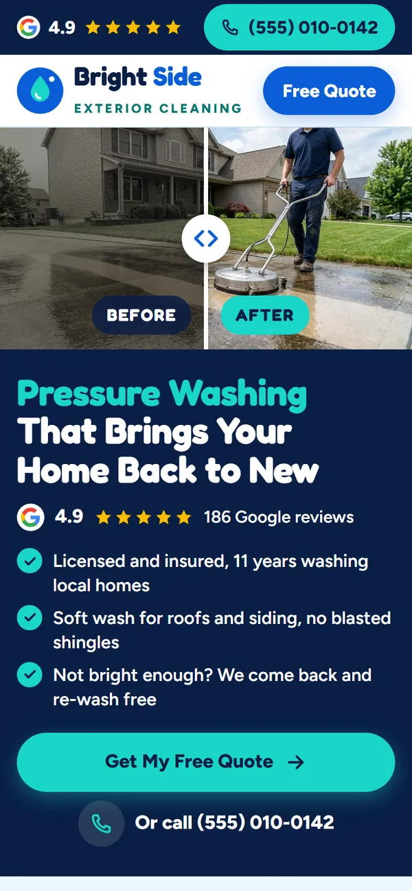 Bright Side Exterior Cleaning website design on a phone
