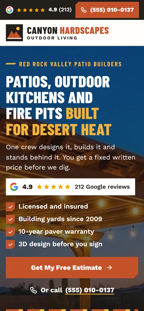 Canyon Hardscapes and Outdoor Living website design on a phone