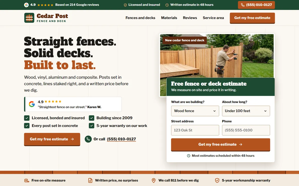 Cedar Post Fence and Deck website design on a laptop