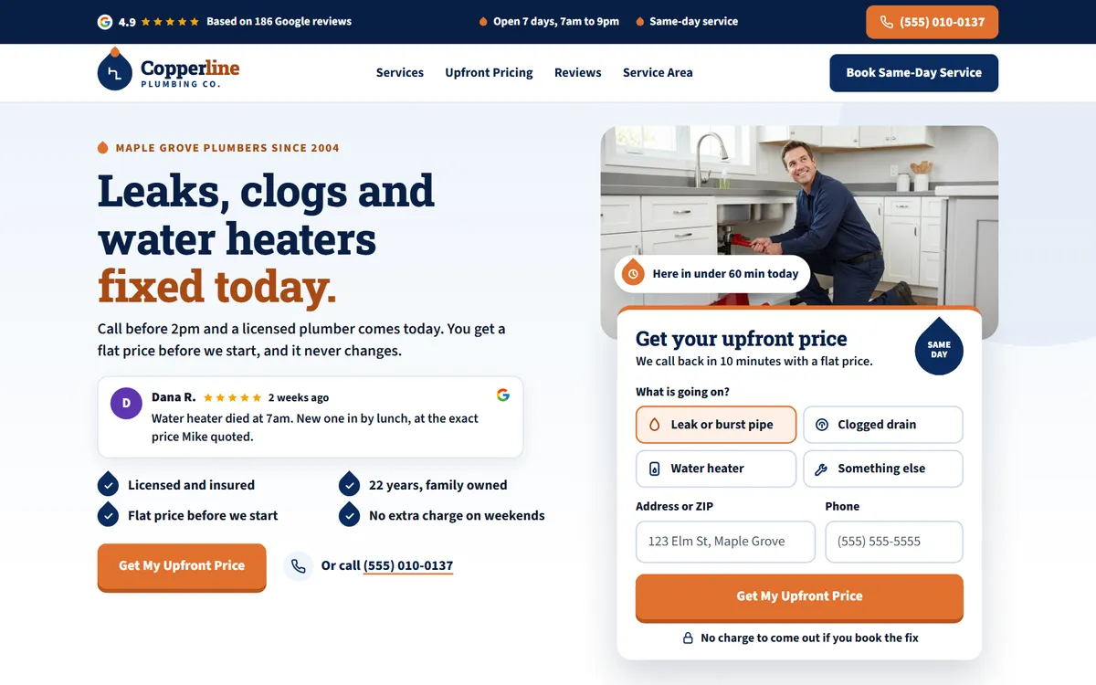 Copperline Plumbing website design on a laptop