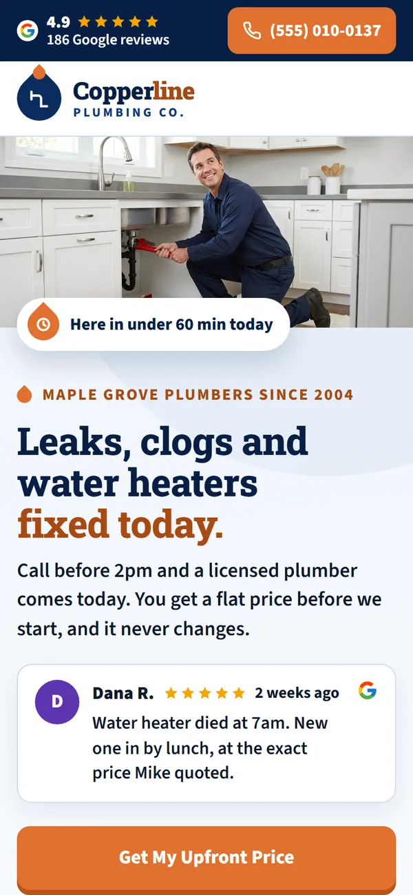 Copperline Plumbing website design on a phone