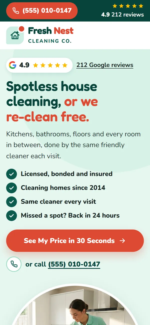 Fresh Nest Cleaning Co. website design on a phone