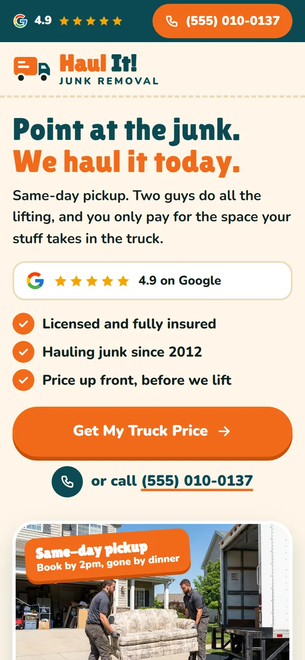 Haul It Junk Removal website design on a phone