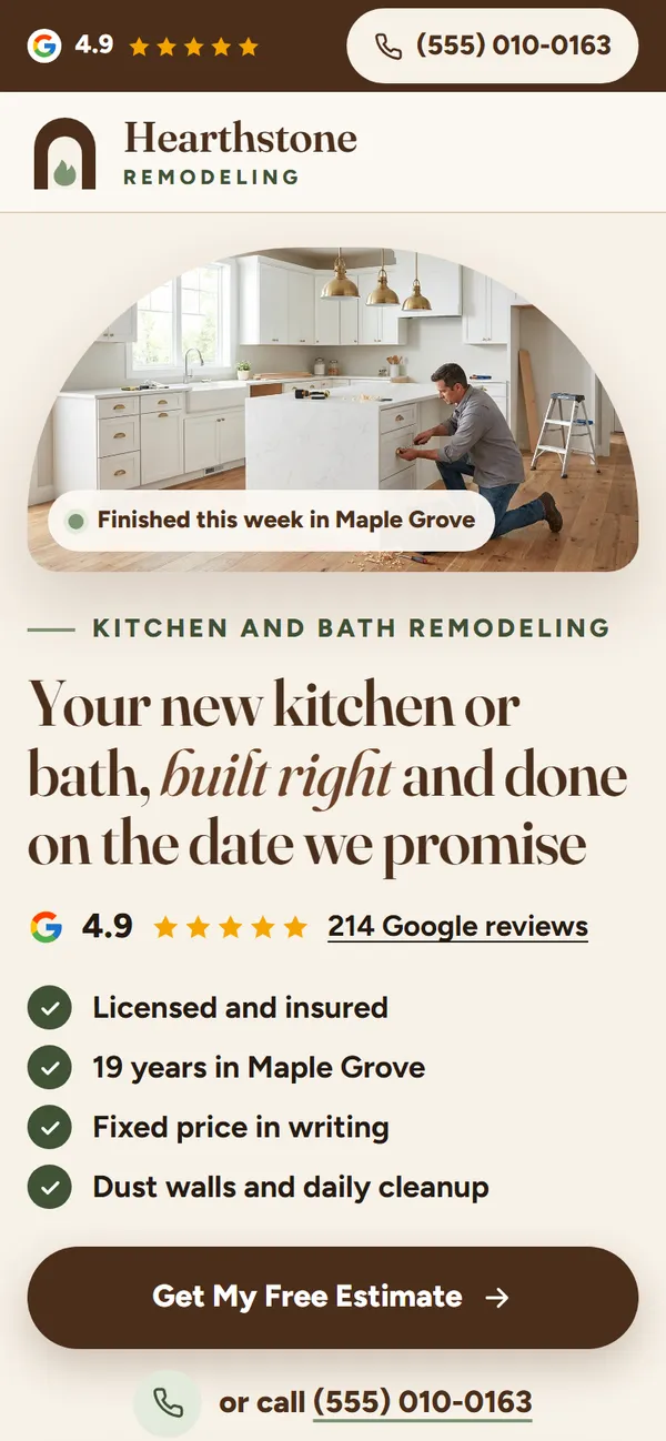 Hearthstone Remodeling website design on a phone