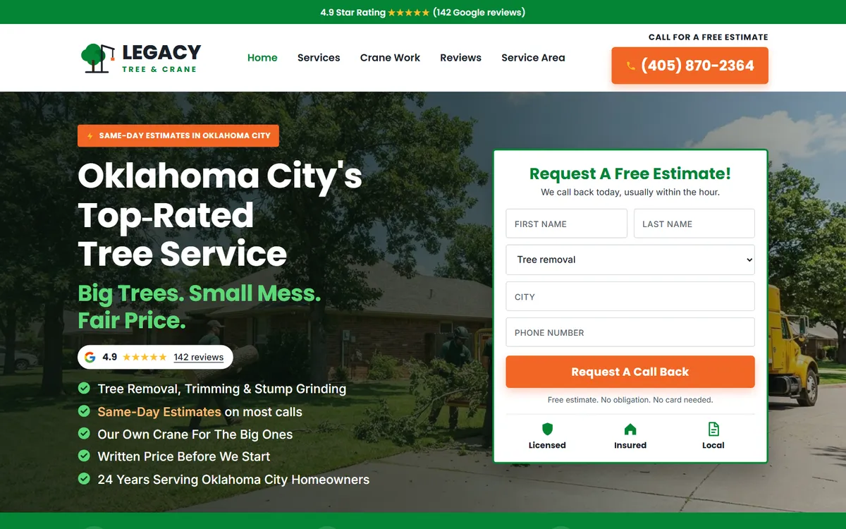 Legacy Tree and Crane website design on a laptop