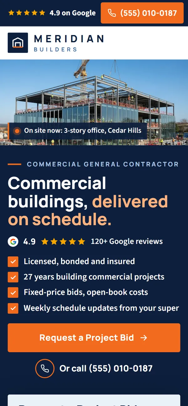 Meridian Builders website design on a phone