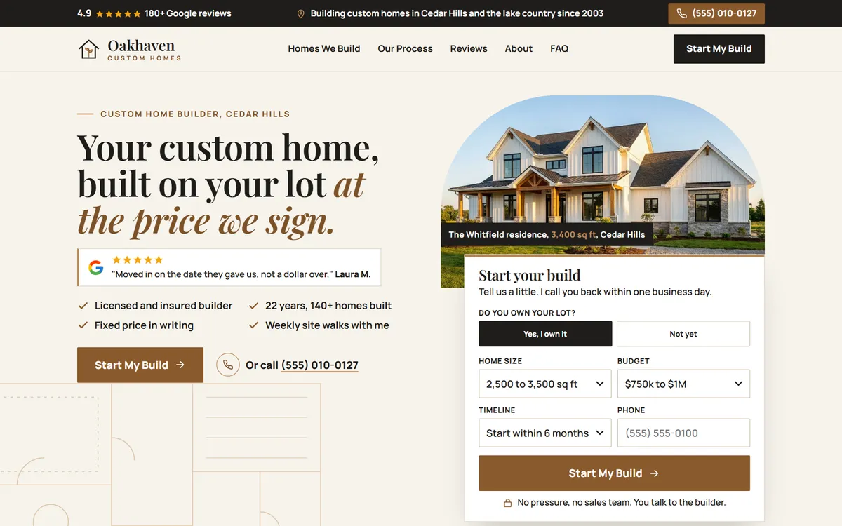 Oakhaven Custom Homes website design on a laptop