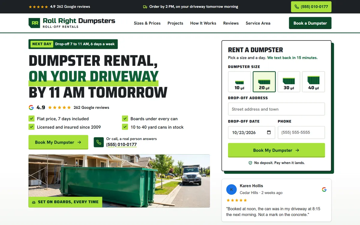 Roll Right Dumpsters website design on a laptop