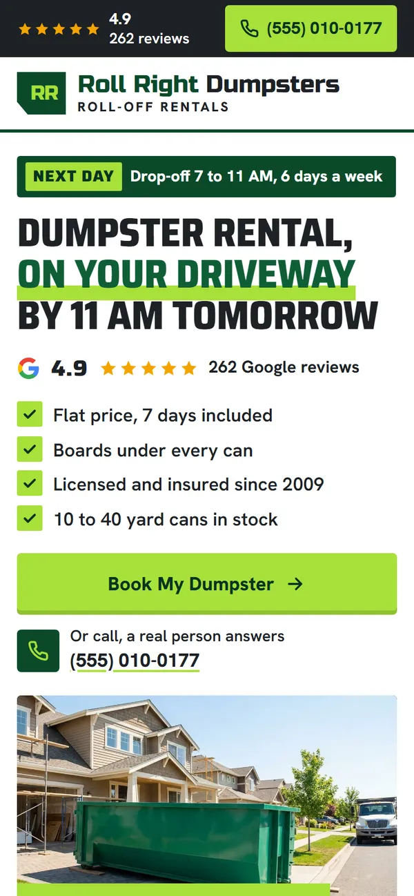Roll Right Dumpsters website design on a phone