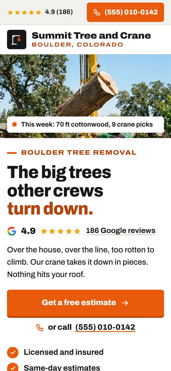 Summit Tree and Crane website design on a phone